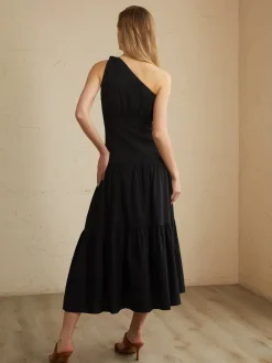COMMENSE Asymmetric Shoulder Knotted Midi Dress* Black Dresses|Casual Dresses