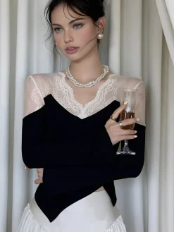 COMMENSE Asymmetric Skinny Lace Panel Blouse* Blouses & Shirts|Tops