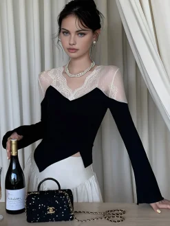 COMMENSE Asymmetric Skinny Lace Panel Blouse* Blouses & Shirts|Tops