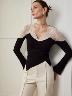 COMMENSE Asymmetric Skinny Lace Panel Blouse* Blouses & Shirts|Tops