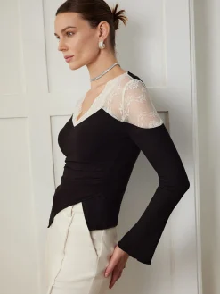 COMMENSE Asymmetric Skinny Lace Panel Blouse* Blouses & Shirts|Tops