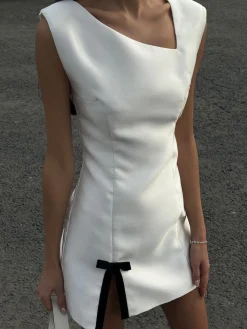 COMMENSE Asymmetrical Bow Decor Split Short Dress* White Dresses|Casual Dresses
