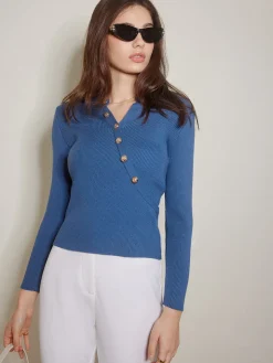 COMMENSE Asymmetrical Breasted Slim Polo Sweater* Sweater Tops|Sweaters & Cardigans