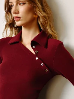 COMMENSE Asymmetrical Button Skinny Polo Blouse* Tops