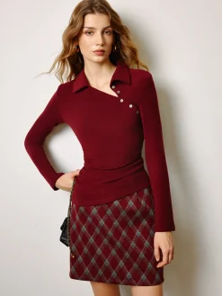 COMMENSE Asymmetrical Button Skinny Polo Blouse* Tops