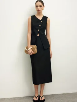 COMMENSE Asymmetrical Button Top  A Line Skirt set* Skirt Sets|Long Sleeve Sets
