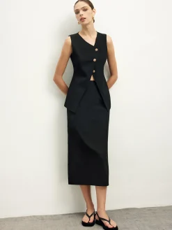 COMMENSE Asymmetrical Button Top  A Line Skirt set* Skirt Sets|Long Sleeve Sets