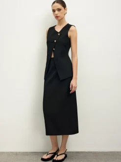 COMMENSE Asymmetrical Button Top  A Line Skirt set* Skirt Sets|Long Sleeve Sets