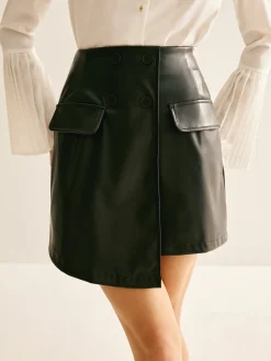 COMMENSE Asymmetrical Button Zipper PU Skirt* Skirts|Bottoms