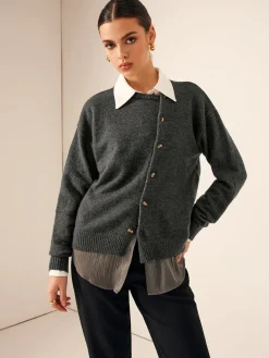 COMMENSE Asymmetrical Button-Down Crew Neck Cardigan* Cardigans|Sweaters & Cardigans