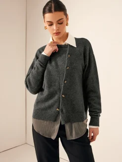 COMMENSE Asymmetrical Button-Down Crew Neck Cardigan* Cardigans|Sweaters & Cardigans