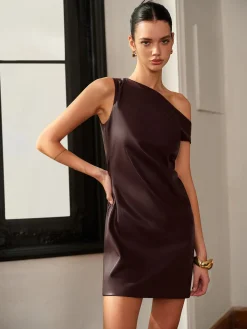 COMMENSE Asymmetrical Cold-Shoulder PU Leather Dress* Cocktail & Party Dresses|Short Dresses