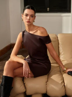 COMMENSE Asymmetrical Cold-Shoulder PU Leather Dress* Cocktail & Party Dresses|Short Dresses