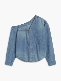 COMMENSE Asymmetrical Collar Denim Crop Shirt* Crop Tops|Denim