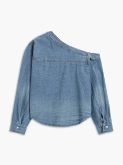 COMMENSE Asymmetrical Collar Denim Crop Shirt* Crop Tops|Denim