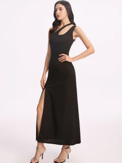 COMMENSE Asymmetrical Collar Long Dress* Black Dresses|Cocktail & Party Dresses