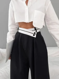 COMMENSE Asymmetrical Contrast Waistband Wide Leg Dress Pants* Wide Leg|Pants