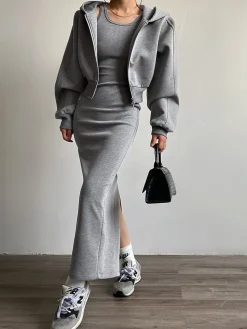 COMMENSE Asymmetrical Crew Neck Split Maxi Dress* Black Dresses|Long Sleeve Sets