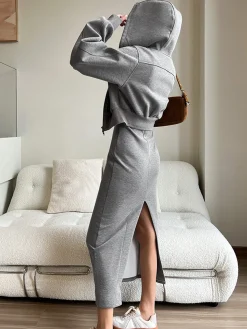COMMENSE Asymmetrical Crew Neck Split Maxi Dress* Black Dresses|Long Sleeve Sets