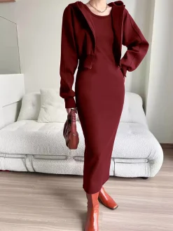 COMMENSE Asymmetrical Crew Neck Split Maxi Dress* Black Dresses|Long Sleeve Sets
