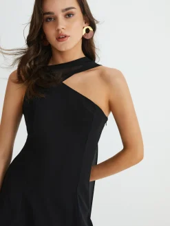 COMMENSE Asymmetrical Cutaway Shoulder Short Dress* Black Dresses|Casual Dresses