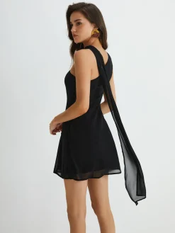 COMMENSE Asymmetrical Cutaway Shoulder Short Dress* Black Dresses|Casual Dresses