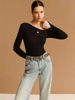 COMMENSE Asymmetrical Lace-Cuff Slim Sweater* Sweater Tops|Sweaters & Cardigans