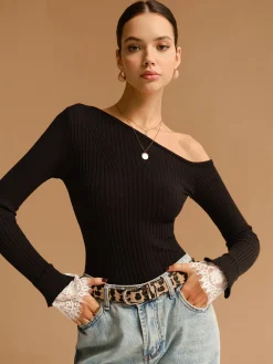 COMMENSE Asymmetrical Lace-Cuff Slim Sweater* Sweater Tops|Sweaters & Cardigans