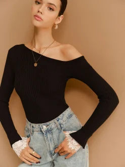 COMMENSE Asymmetrical Lace-Cuff Slim Sweater* Sweater Tops|Sweaters & Cardigans