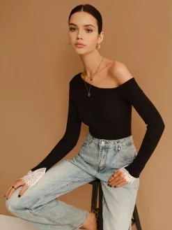 COMMENSE Asymmetrical Lace-Cuff Slim Sweater* Sweater Tops|Sweaters & Cardigans