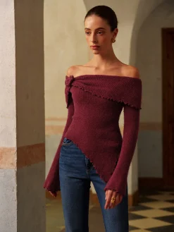 COMMENSE Asymmetrical Lettuce Trim Ruched Floral Knit Top* Knitwear|Tops