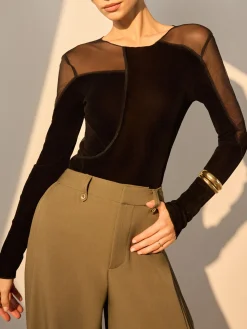 COMMENSE Asymmetrical Mesh-Detail Velvet Top* T-shirts