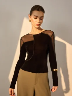COMMENSE Asymmetrical Mesh-Detail Velvet Top* T-shirts