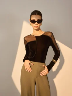 COMMENSE Asymmetrical Mesh-Detail Velvet Top* T-shirts