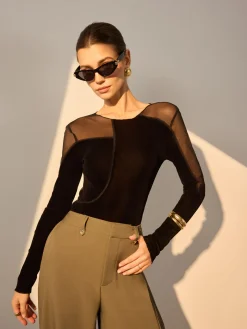 COMMENSE Asymmetrical Mesh-Detail Velvet Top* T-shirts