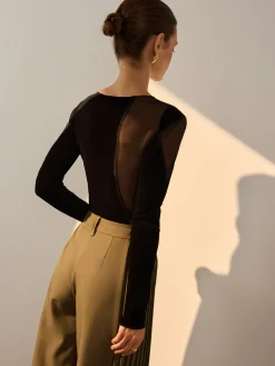 COMMENSE Asymmetrical Mesh-Detail Velvet Top* T-shirts