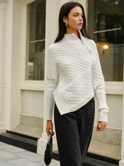 COMMENSE Asymmetrical Mock-Neck Zipper Sweater* Sweater Tops|Sweaters & Cardigans