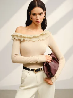 COMMENSE Asymmetrical Neck Lettuce Trim Jersey Top* Tops