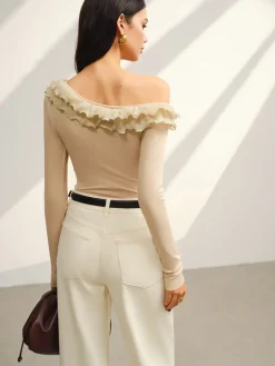 COMMENSE Asymmetrical Neck Lettuce Trim Jersey Top* Tops