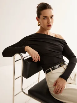 COMMENSE Asymmetrical Neck Pleated Long Sleeve Top* T-shirts|Tops