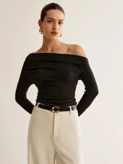 COMMENSE Asymmetrical Neck Pleated Long Sleeve Top* T-shirts|Tops