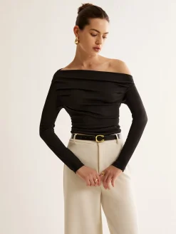 COMMENSE Asymmetrical Neck Pleated Long Sleeve Top* T-shirts|Tops