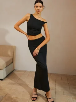 COMMENSE Asymmetrical Neck Ruched Top & Split Maxi Skirt Set* Skirt Sets|Long Sleeve Sets