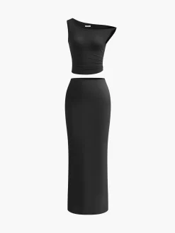 COMMENSE Asymmetrical Neck Ruched Top & Split Maxi Skirt Set* Skirt Sets|Long Sleeve Sets