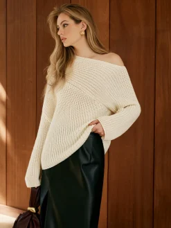 COMMENSE Asymmetrical Neck Shift Sweater* Sweater Tops|Sweaters & Cardigans