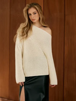 COMMENSE Asymmetrical Neck Shift Sweater* Sweater Tops|Sweaters & Cardigans