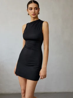 COMMENSE Asymmetrical Neck Tank Short Dress* Black Dresses|Casual Dresses