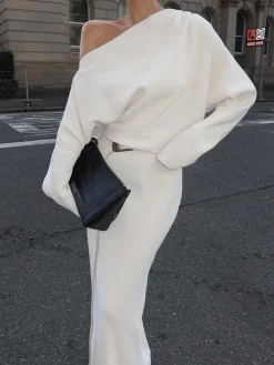 COMMENSE Asymmetrical Off Shoulder Solid Long Sleeve Maxi Dress* White Dresses|Black Dresses