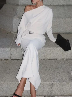 COMMENSE Asymmetrical Off Shoulder Solid Long Sleeve Maxi Dress* White Dresses|Black Dresses