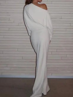 COMMENSE Asymmetrical Off Shoulder Solid Long Sleeve Maxi Dress* White Dresses|Black Dresses